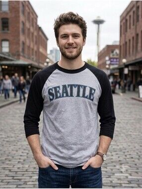 Sport-Tek Seattle Raglan 3/4 Sleeve Shirt Gray Black Baseball Tee Size Small